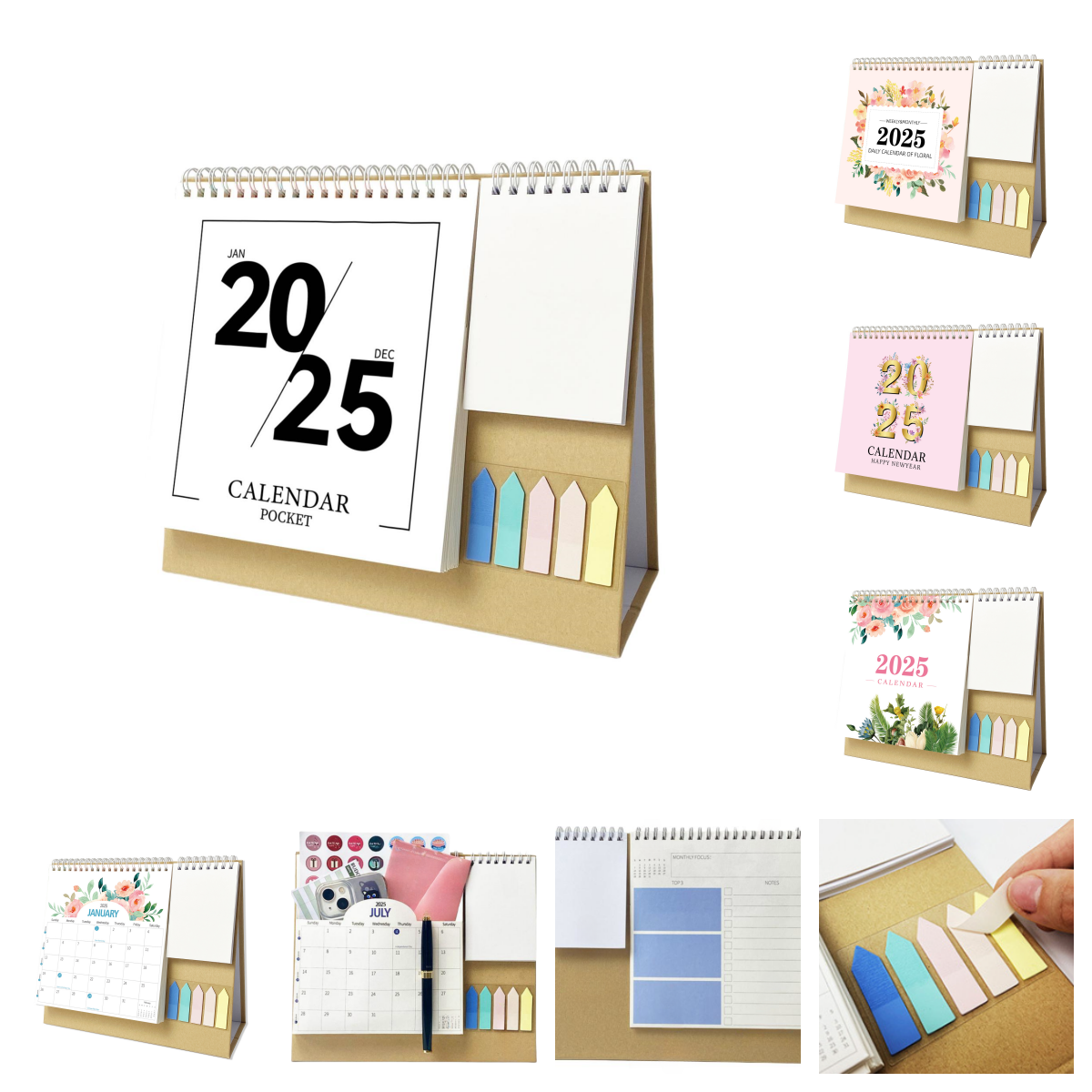 2025 Desk Calendar with Sticky Notes and Memo