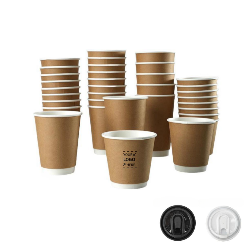 8/10/12/16 Oz. Double Wall Kraft Paper Cups w/ Lids